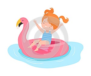 Cute Girl Floating on Inflatable Flamingo Swim Ring, Kids Summer Activities, Adorable Child Having Fun on Beach on