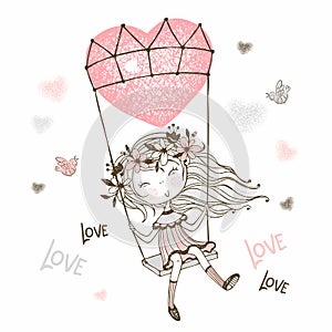 Cute girl flying on a balloon in the form of a heart. Valentine. Vector