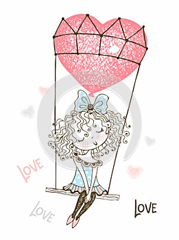 Cute girl flying on a balloon in the form of a heart. Valentine. Vector.
