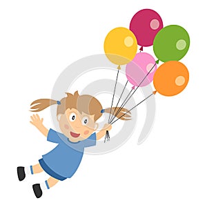 Cute Girl Flying with Balloons on White