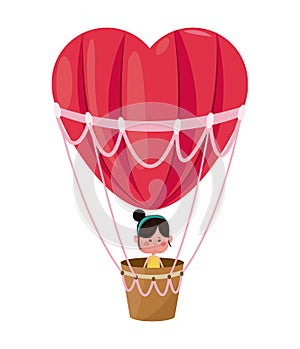 Cute girl flying heart airballoon valentine day