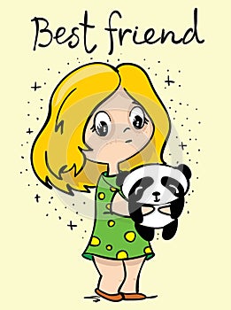 Cute girl with funny doodle baby panda. Perfect for kids cards, posters and prints.