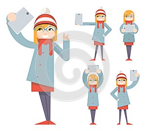 Cute Girl Geek Hipster Smartphone Photo Selfie Casual Character Icons Cartoon Flat Design Vector illustration