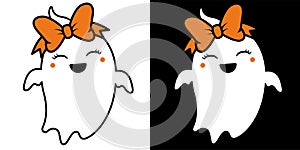 Cute Girl ghost With Orange bow - Halloween hand drawn on t-shirt design, greeting card or poster design Background Vector