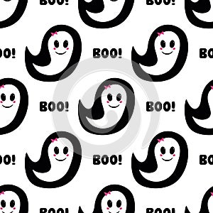 Cute girl ghost with pink blush, bow and boo word. Halloween seamless pattern. Isolated on white background. Vector stock
