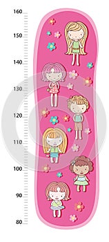 Cute girl with gifts meter wall from 30 to 140 centimeter. Vector illustration