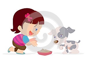 Cute girl give food dog