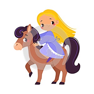 Cute Girl with Golden Hair in Pretty Dress Ride Horse as Fairy Tale Character Vector Illustration