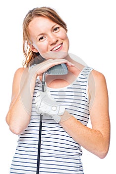 Cute girl with a golf club on a white background