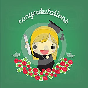 Cute girl graduate with flower and money on board