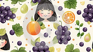 Cute girl with grapes and oranges seamless pattern. vector