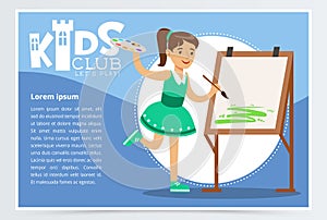 Cute girl in green dress painting on canvas. Creative blue poster for kids club. Studying at art class. Extra-curricular