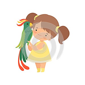 Cute Girl with Green Parrot, Kid Interacting with Animal in Contact Zoo Cartoon Vector Illustration