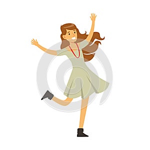 Cute Girl In Grey Dress Dancing On Dancefloor, Part Of People At The Night Club Series Of Vector Illustrations