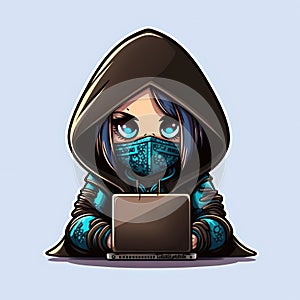 Cute girl hacker with laptop. Avatar in cartoon style. Generative Ai