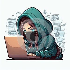 Cute girl hacker with laptop. Avatar in cartoon style. Generative Ai