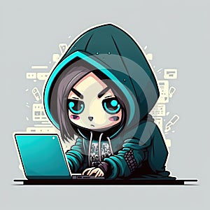 Cute girl hacker with laptop. Avatar in cartoon style. Generative Ai