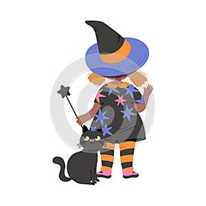 Cute Girl in Halloween Costume, Back View of Little Child Dressed as Witch with Black Cat, Happy Halloween Party