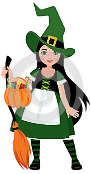 Cute Girl in Halloween Witch Costume in Full Length