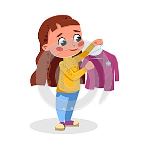 Cute Girl Hanging Clothes on Hangers, Kids Good Behavior and Habits Cartoon Style Vector Illustration