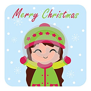 Cute girl is happy enjoy snow fall suitable for Christmas card