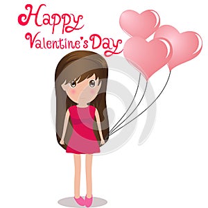 Cute girl Happy Valentine' s Day holding balloons heart.