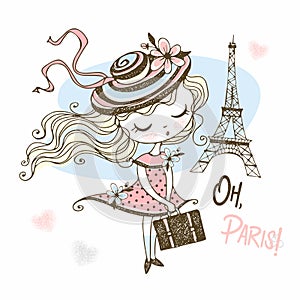 Cute girl in a hat with a suitcase in Paris. Travel. Vector