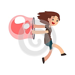 Cute girl having fun with big soap bubble cartoon vector Illustration on a white background