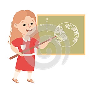 Cute Girl Having Geography Lesson, Elementary School Student Standing at Blackboard with Earth Map, Kids Education
