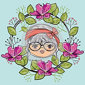 Cute girl head character with floral frame