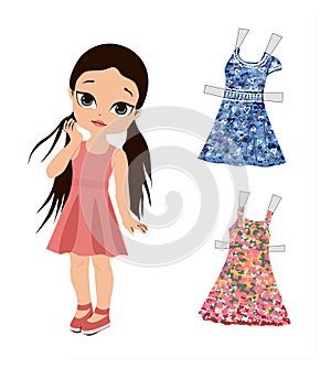 Cute girl and her clothes. Paper girl dressup game. children`s coloring book, cute girl children, illustration, fun educational