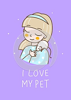 Cute girl with her rat pet on purple background   - cartoon character for happy design