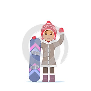 Cute girl hold snowboard and greeting waving hand. Winter sport, snowboarding. Vector illustration in flat style