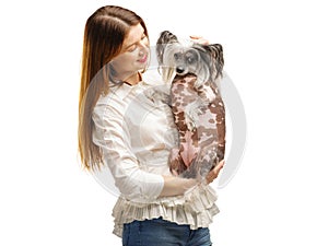 A cute girl holding a Chinese Crested dog in her arms and looking at her with a smile. Isolated on white background.