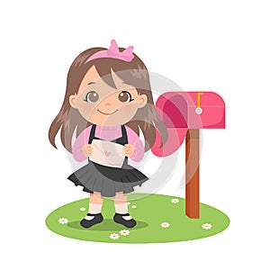 Cute girl holding an envelope love letter concept. Pink traditional mail post.