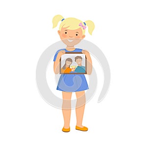 Cute Girl Holding Framed Family Portrait with Smiling Mother and Father Faces Vector Illustration