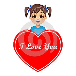 Cute girl holding I love u written heart vector
