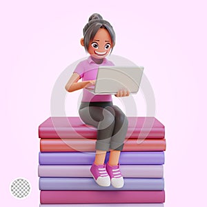 cute girl holding laptop 3d cartoon illustration