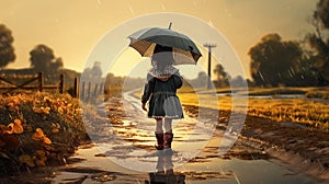 Cute girl holding umbrella walking on rural road on rainy day. generative AI