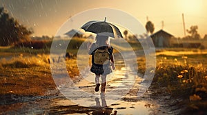 Cute girl holding umbrella walking on rural road on rainy day. generative AI