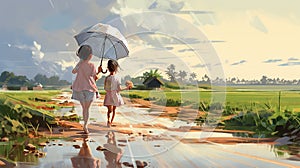 Cute girl holding umbrella walking on rural road on rainy day. Generative Ai