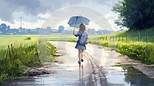 Cute girl holding umbrella walking on rural road on rainy day.Watercolor style, cartoon style. generative AI