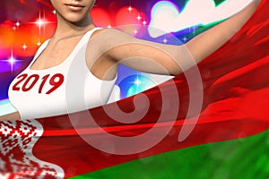 Cute girl holds Belarus flag in front on the party lights - Christmas and 2019 New Year flag concept 3d illustration