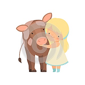 Cute Girl Hugging Calf, Kid Interacting with Animal in Contact Zoo Cartoon Vector Illustration