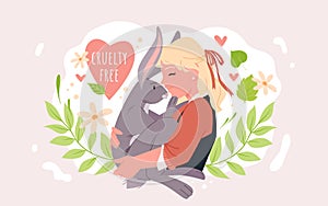 Cute girl hugging rabbit with love, flowers and branch, slogan cruelty free inside heart