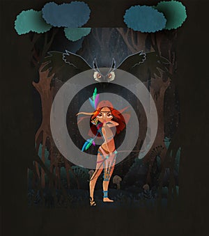 Cute girl huntress with bow standing in front of flying owl and night forest. Fairy tale illustration