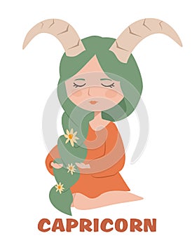 Cute girl isolated on white background. Capricorn zodiac sign concept for horoscope. Beautiful vector illustration.