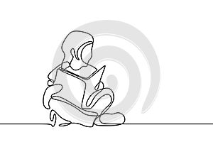 Cute girl kid read book continuous one line drawing vector illustration