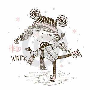 Cute girl in a knitted hat skating. Hello winter. Vector