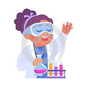 Cute Girl at Laboratory with Flask Conduct Experiment Vector Illustration